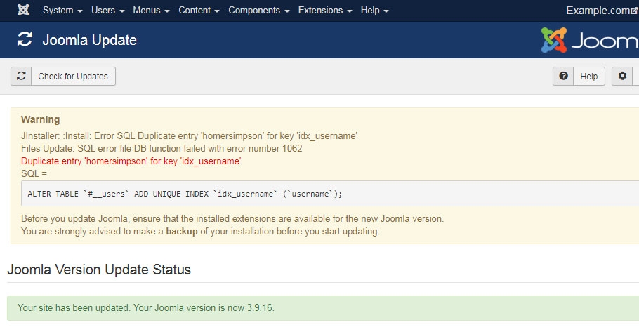 Update error solved: Error SQL Duplicate entry for key &#039;idx_username&#039;