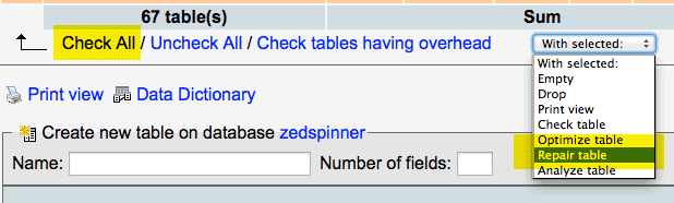 repair Joomla mysql tables on phpmyadmin