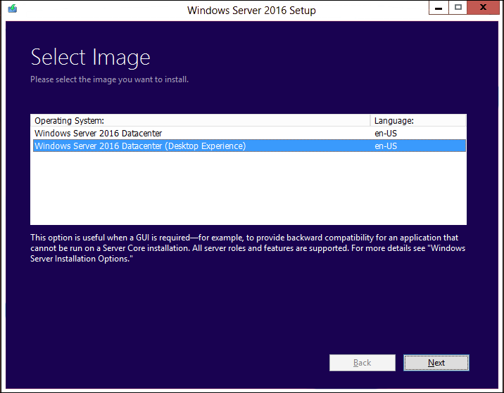 Screen to choose which Windows Server 2016 edition to install