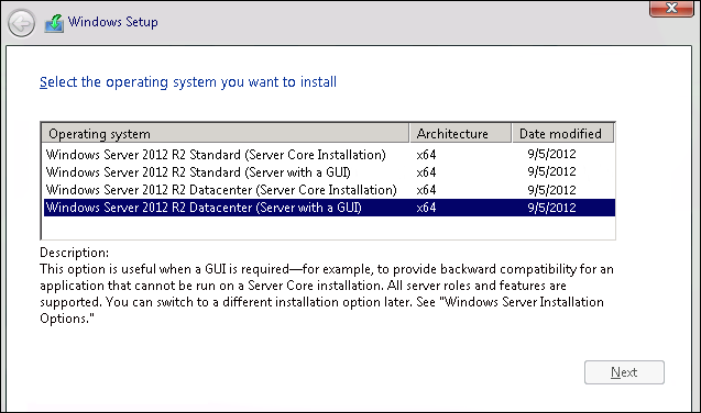 选择要安装的 Windows Server 2012 R2 版本的屏幕