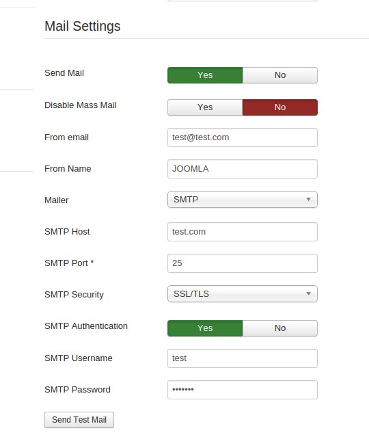 SMTP configuration settings for Joomla mail