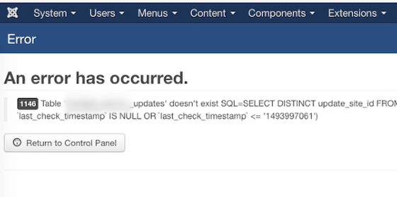 Joomla: Updates Table Doesn't Exist